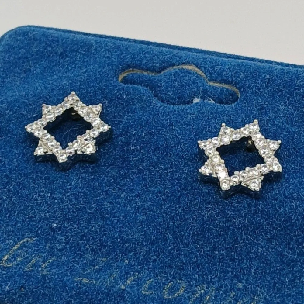 Vintage 1990s Cubic Zirconia Geometric Star Stud Earrings Silver Tone New‎